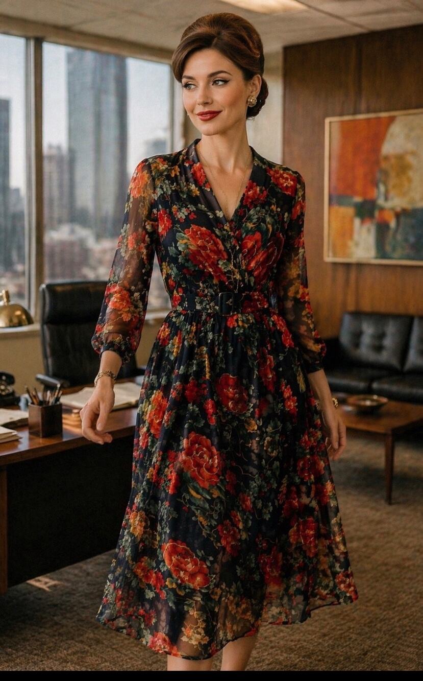 Vintage 80's Together Modest floral midi rayon chiffon dress size 8 India